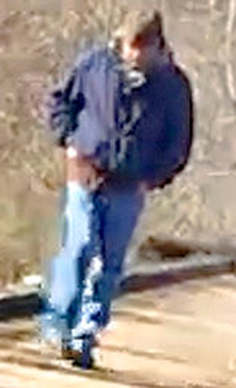 This grainy photo, released by the Indiana State Police, was found on the phone of one of the murdered girls, and shows a man walking along the trail system in Delphi, Ind. Authorities believe he is the man who killed  the teens. 