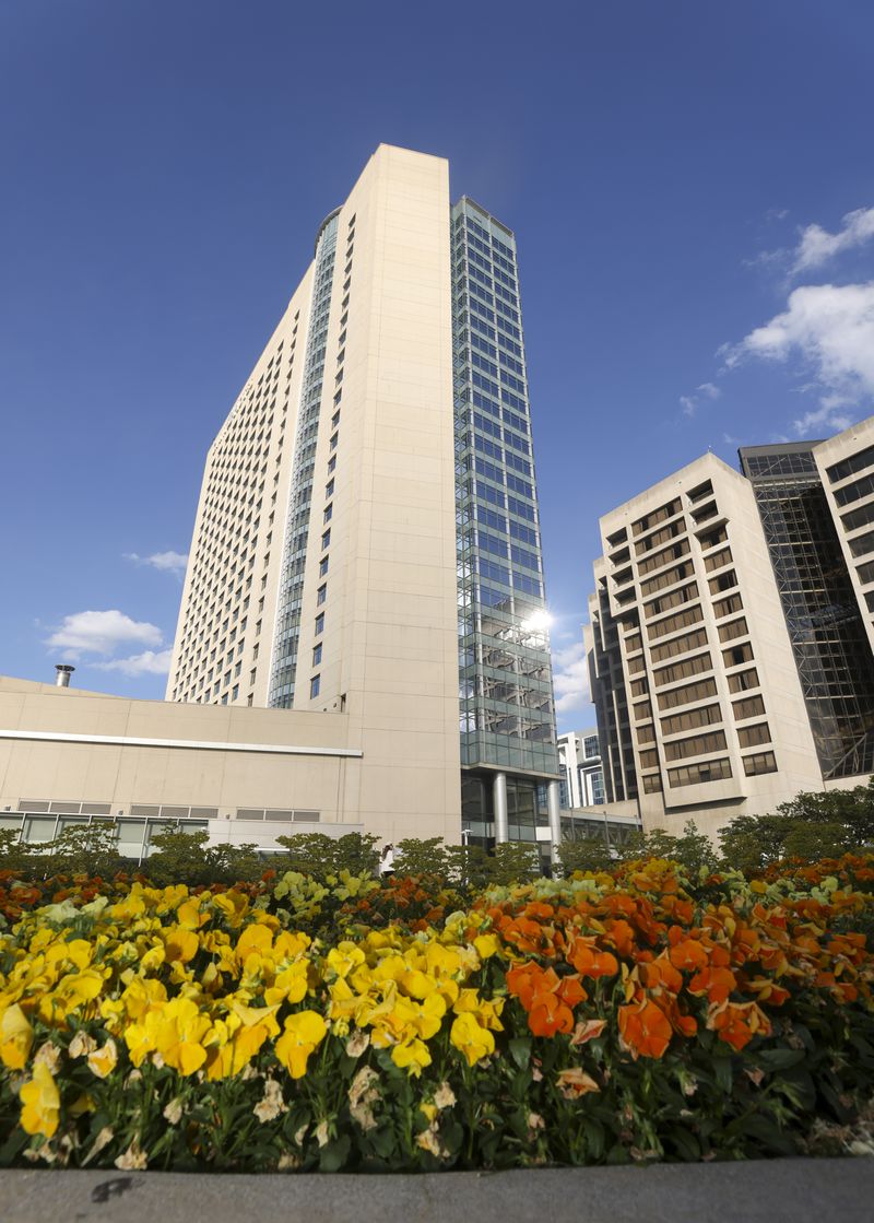 The North Tower of the Omni Atlanta Hotel at Centennial Park is shown, Thursday, May 2, 2024, in Atlanta. (Jason Getz / AJC)
