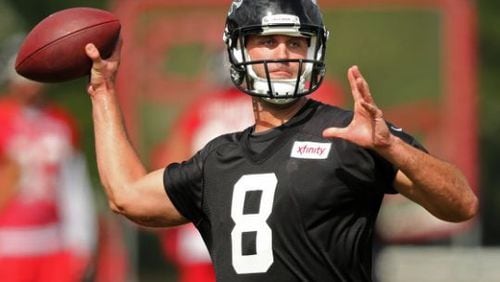 072816 FLOWERY BRANCH: Falcons backup quarterback Matt Schaub throws a pass during the first day of training camp on Thursday, July 28, 2016, in Flowery Branch. Curtis Compton /ccompton@ajc.com