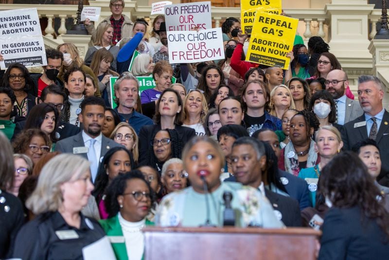 Legislators along with reproductive rights group Amplify Atlanta announced new abortion-rights legislation at the Capitol on Tuesday, January 24, 2023.  (Arvin Temkar/The Atlanta Journal-Constitution)