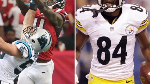 Falcons wide receiver Julio Jones catching a pass over Carolina's Luke Kuechly. (By Curtis Compton/ccompton@ajc.com). On right, Pittsburgh wide receiver Antonio Brown after catching a 33-yard touchdown pass against the Indianapolis Colts in 2016. (By Mike Conroy/Associated Press)