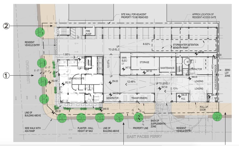 This is a site plan for a redevelopment project in Buckhead that was included in an October 2022 special administrative permit filing for the former Houston's restaurant site off Lenox Road.