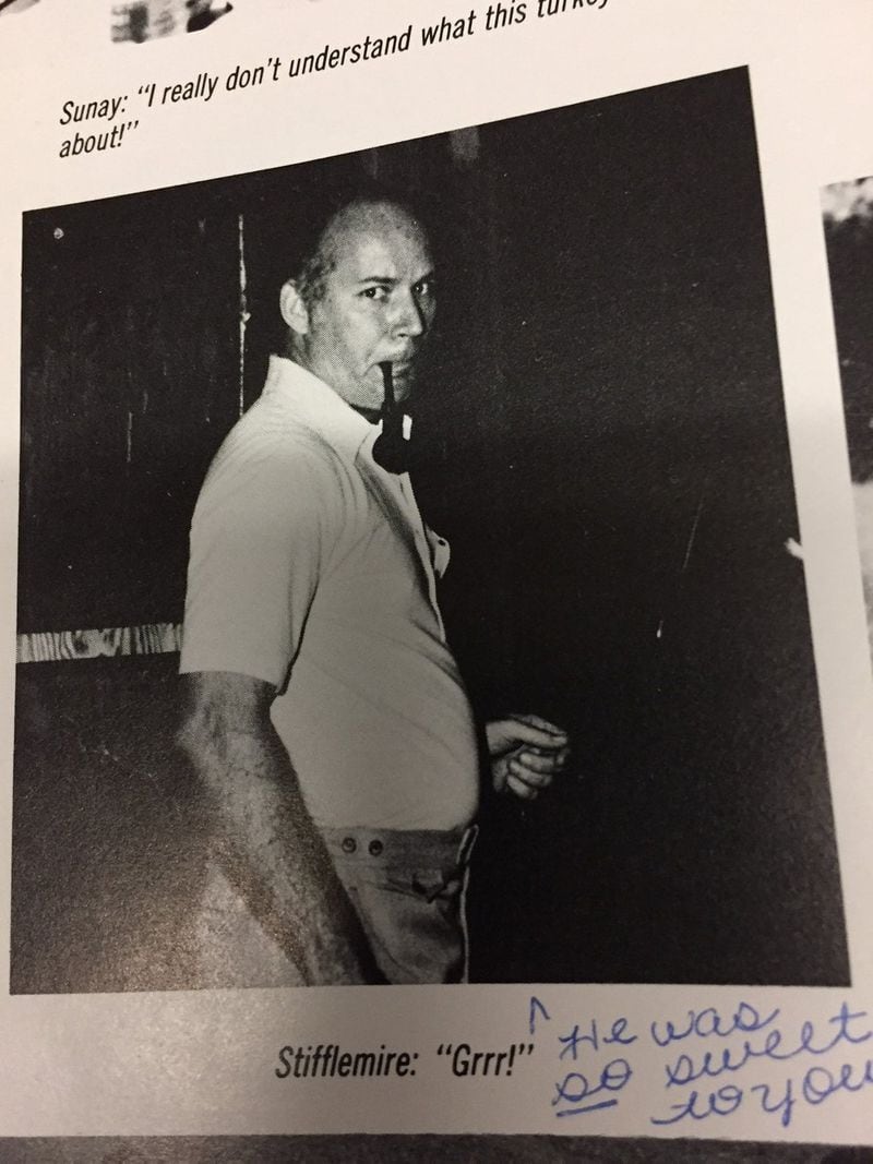A candid photo in an old edition of The Jabberwokk, the Darlington School’s yearbook, shows teacher Roger Stifflemire. One student wrote to another beneath the photo, “He was so sweet to you.”
