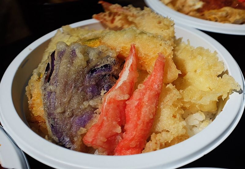 The battered fried veggies and shrimp in the tempura bowl from Nakato traveled well. 
