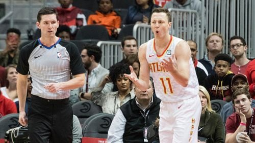Atlanta Hawks guard Josh Magette (11) reacts after being called for a foul during the first half of a NBA basketball game against the Toronto Raptors, Saturday, Nov. 25, 2017, in Atlanta. (AP Photo/John Amis)