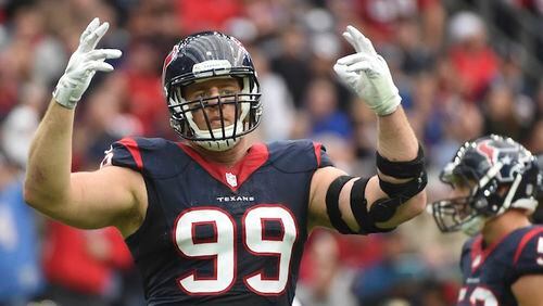 Houston Texans defensive end J.J. Watt (99) gestures during the first half of an NFL football game against the Jacksonville Jaguars, in Houston. Many observers believe you can put a blanket over Houston, Tennessee and Indianapolis because their talent bases are that close. We demur. The Texans have a terrific defense that gets back the incomparable Watt and could be enough to overcome a mediocre offense with an unproven QB and suspect passing game. They are well coached and rarely beat themselves, until the playoffs, that is.(AP Photo/Eric Christian Smith, File)