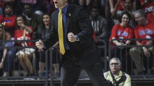 Georgia Tech head coach Josh Pastner reacts during an NCAA college basketball game in the quarterfinals of the NIT against Mississippi on Tuesday, March 21, 2017, in Oxford, Miss. (Bruce Newman/The Oxford Eagle via AP)