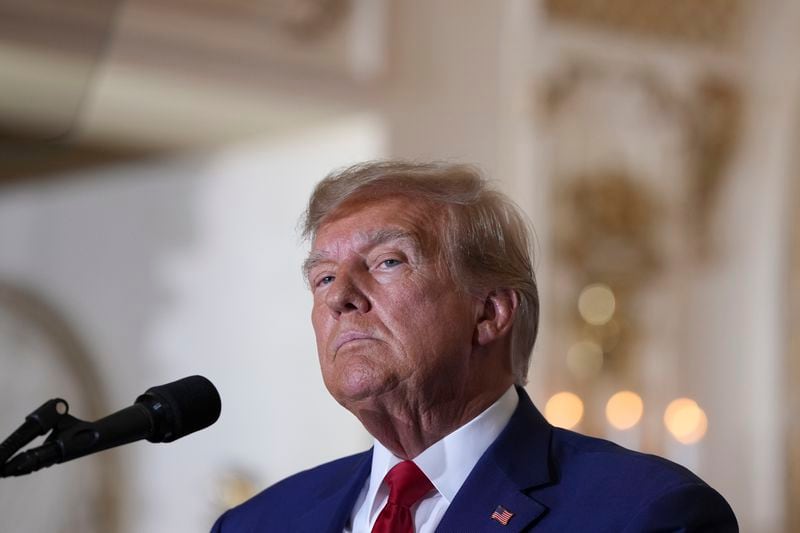 Former President Donald Trump speaks at his Mar-a-Lago estate hours after being arraigned in New York City, in Palm Beach, Fla., April 4, 2023. (Todd Heisler/The New York Times)
                      
