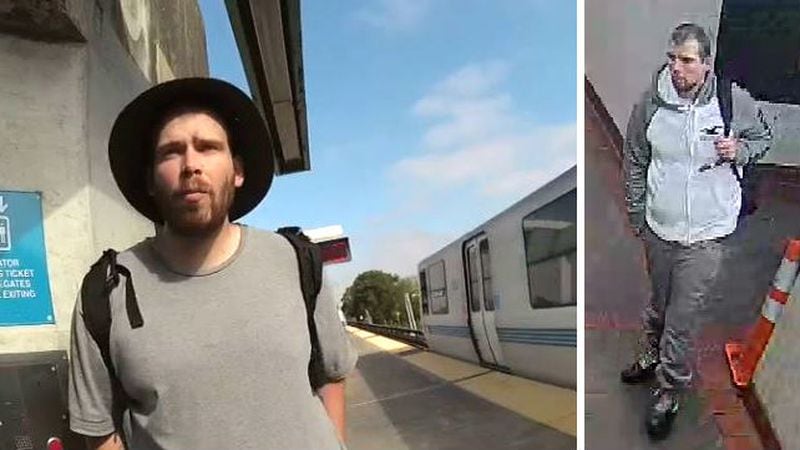 At left is body camera footage from a Bay Area Rapid Transit officer who stopped John Lee Cowell, pictured, for evading a fare a few days before Cowell, 27, is accused of stabbing to death Nia Wilson, 18, on a BART platform in Oakland, California. At right is surveillance camera footage of Cowell on the platform July 22, 2018, the day Wilson was killed and her older sister injured.