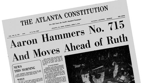 The Tuesday, April 9, 1974 edition of The Atlanta Constitution captures the moment Hank Aaron hit his 715th home run. (AJC Archive)