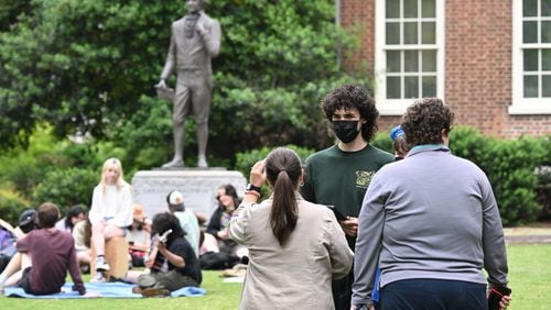 University officials urge pro-Palestinian protesters to fill out paperwork or relocate to Tate Plaza on the University of Georgia campus, Tuesday, April 30, 2024, in Athens.  (Hyosub Shin / AJC)