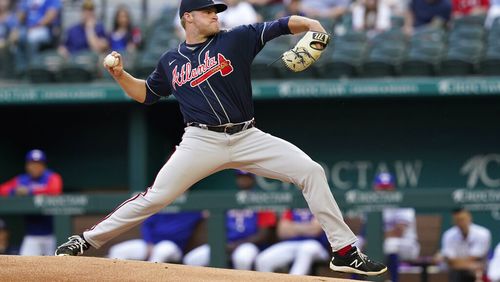 Braves pitcher Bryce Elder delivers against the Rangers on Saturday in Arlington, Texas. (AP Photo/LM Otero)