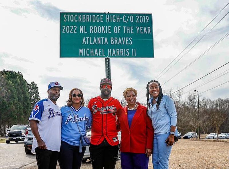 Atlanta Braves star Michael Harris II, middle, was celebrated with Michael Harris II Day at Stockbridge High School. (Photo Courtesy of Ben Ennis)