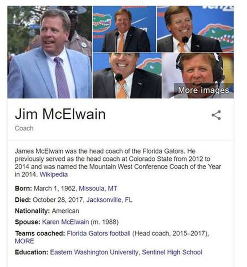 Wikipedia was altered to show former Florida coach Jim McElwain died in Jacksonville after Saturday's Georgia-Florida game.