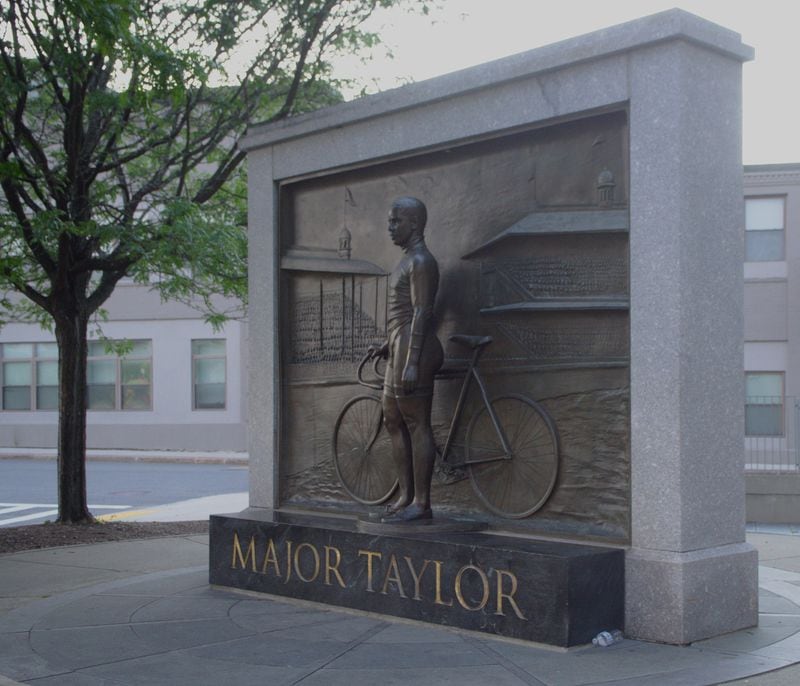 Cyclist Major Taylor is memorialized by this monument in Worcester, MA, where he resided. (Paul F. Henegan / Wikimedia Commons)