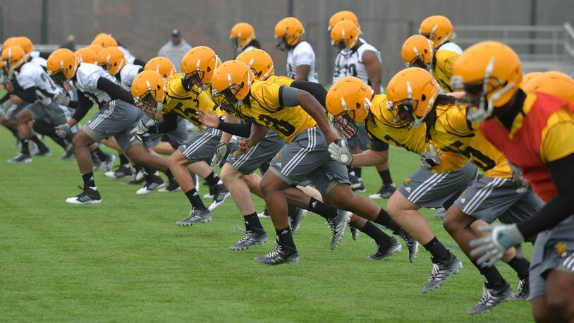 KENNESAW FOOTBALL BEGINS--March 2, 2015 Kennesaw, GA: Kennesaw State began spring practice Monday morning March 2, 2015. The practice was one of 14 scheduled this spring, leading up to the Black and Gold Game on Saturday March 28, 2015. BRANT SANDERLIN / BSANDERLIN@AJC.COM