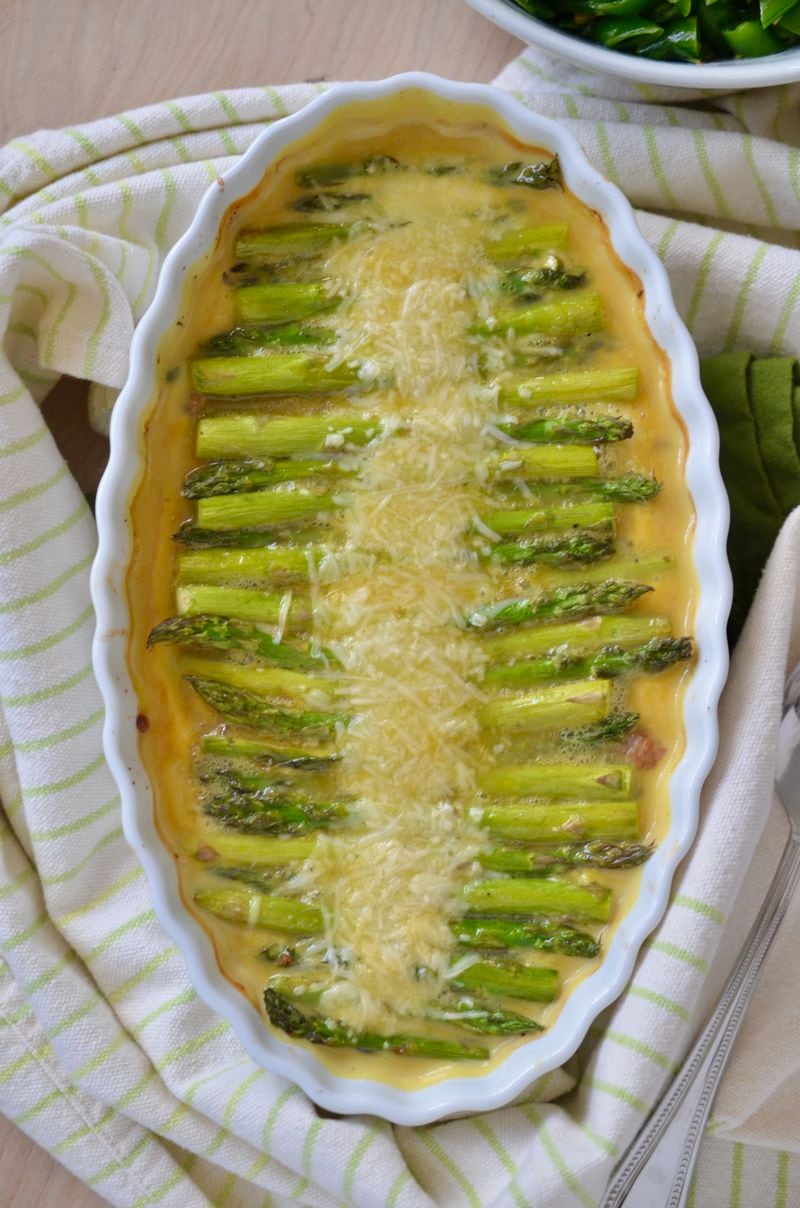 Asparagus, Mushroom and Sausage Gratin could be just right day or night. Courtesy of Virginia Willis