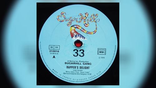 This is the label art for the 12-inch single "Rapper's Delight," released in 1979 by the Sugarhill Gang.  The label credits music taken from "Good Times," the song by Chic that was sampled. (Discogs)