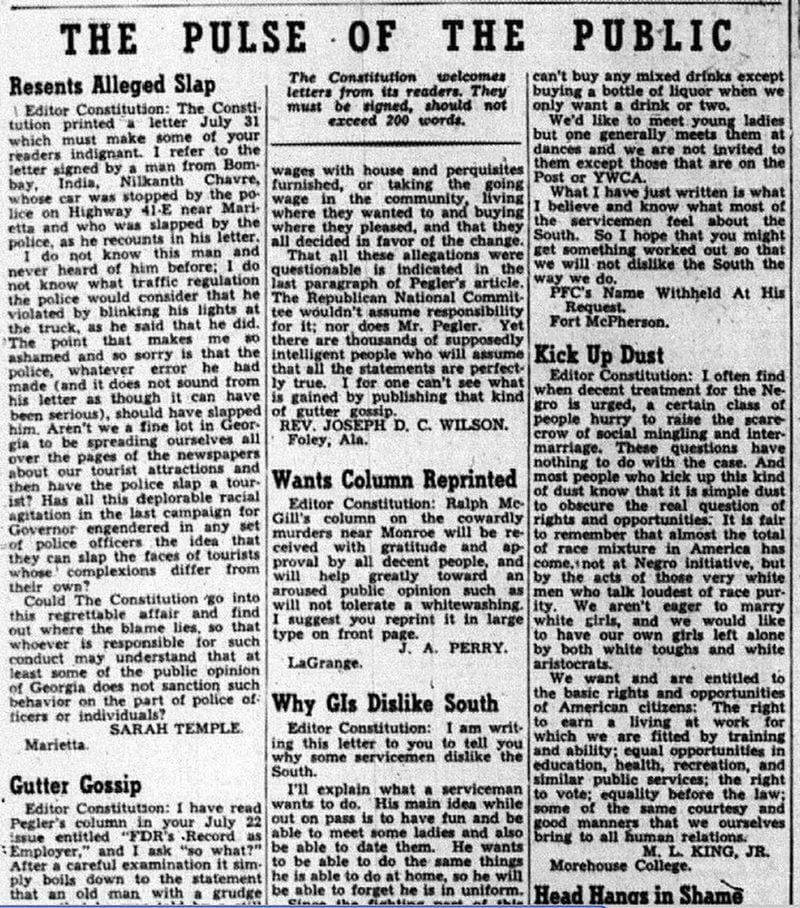 The Atlanta Constitution’s “Pulse of the Public” (letters to the editor) column on Aug. 6, 1946. (From Journal-Constitution files)