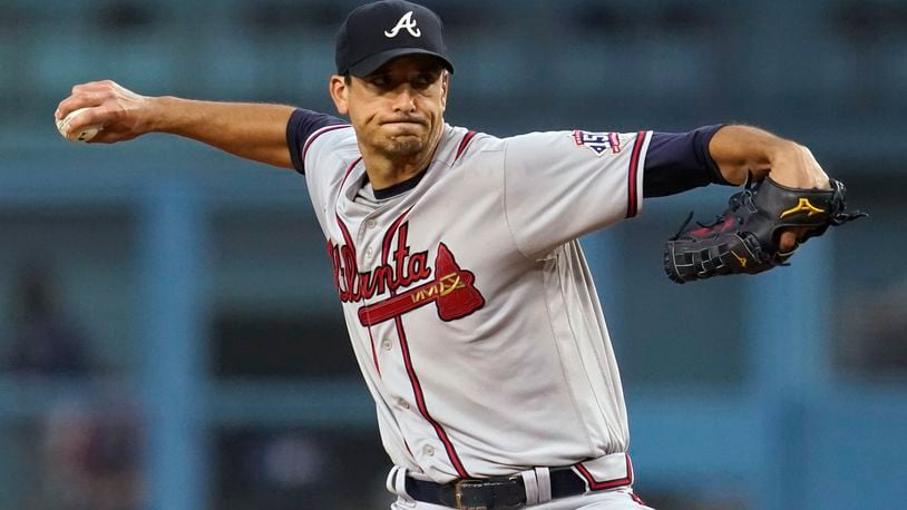 Atlanta Braves starting pitcher Charlie Morton throws during the first inning of the team's baseball game against the Los Angeles Dodgers on Tuesday, Aug. 31, 2021, in Los Angeles. (AP Photo/Marcio Jose Sanchez)