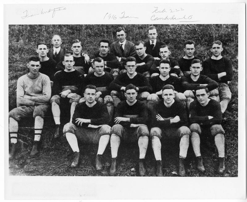 A team photo of the 1916 team. Coach John Heisman is in the back row on the left. In the week after the game, he was inundated by callers to the radio show wanting to know when Tech was going to start throwing the ball. (GEORGIA TECH ARCHIVES)