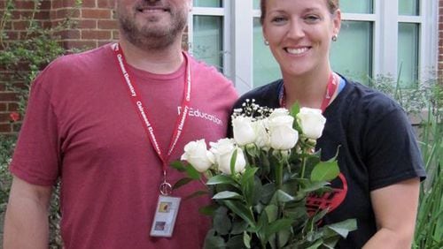 Clairemont Elementary Principal Billy Heaton has been named the first ever principal for Decatur’s new upper elementary school (grades 3-5) on Talley Street, scheduled to open next August. He’s shown here with Clairemont’s teacher-of-the year Kelly Nichols. Courtesy City Schools Decatur