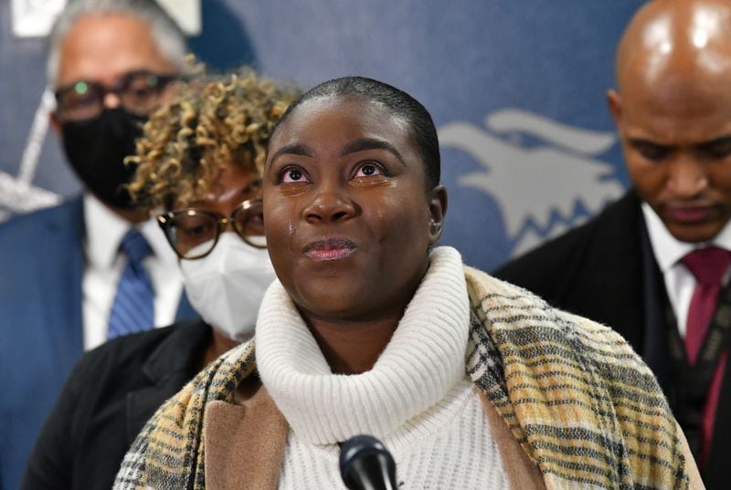 Betty Brown, another victim, can’t hide her emotions as she speaks during a news conference Tuesday about the 1995 cold case of Nacole Smith, who was 14 and raped and shot twice in the head. (Hyosub Shin / Hyosub.Shin@ajc.com)