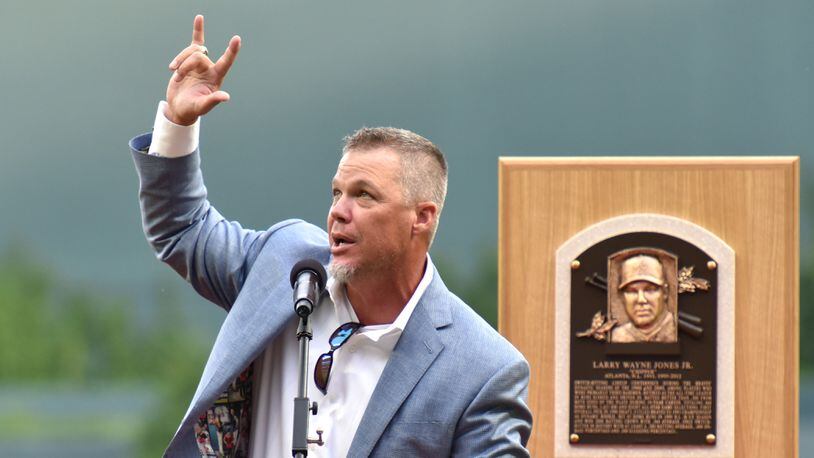 Legendary Atlanta Braves third baseman Chipper thanks to his fans during Chipper Jones Pregame Ceremony before Atlanta Braves home game against the Milwaukee Brewers at the SunTrust Park on Friday, August 10, 2018. The ninth annual Alumni Weekend, which welcomes Braves legends to SunTrust Park for a weekend full of activities. The event will be held this Friday through Sunday as the Braves face the Milwaukee Brewers. HYOSUB SHIN / HSHIN@AJC.COM