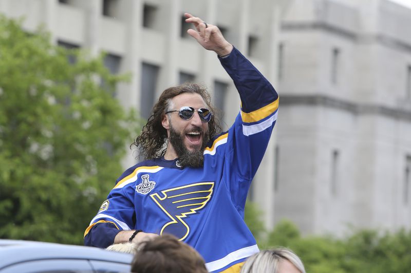 St. Louis Blues right wing Chris Thorburn waves to fans during the NHL hockey Stanley Cup victory celebration, Saturday, June 15, 2019, in St. Louis. (AP Photo/Scott Kane)
