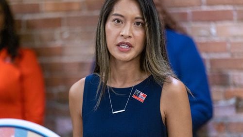 Bee Nguyen, running for  Secretary of State, speaks to the press at the Democratic Party of Georgia’s State Convention in Columbus, Georgia, Saturday, August 27, 2022. Schaefer/steve.schaefer@ajc.com)