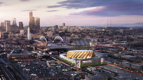 This artist rendering provided by the Seattle Arena Group, shows a proposed new arena in Seattle, that could house an NBA basketball team and an NHL hockey team is shown with a round golden roof feature at lower right next to the existing NFL football CenturyLink Field and the MLB baseball Safeco Field. Seattle is in the midst of an arena showdown with three groups putting forth proposals around two sites to build the possible future home for teams from in the NBA basketball and NHL hockey leagues. (HOK Architecture/Seattle Arena Group via AP)