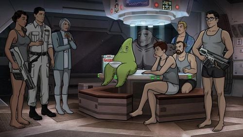 ARCHER: 1999 -- "Bort the Garj"  -- Season 10, Episode 1 (Airs Wednesday, May 29, 10:00 p.m. e/p) Pictured (l-r): Lana Kane (voice of Aisha Tyler), Sterling Archer (voice of H. Jon Benjamin), Malory Archer (voice of Jessica Walter), Bort (voice of Sam Richardson), Pam Poovey (voice of Amber Nash), Cheryl/Carol Tunt (voice of Judy Greer), Algernop Krieger (voice of Lucky Yates), Ray Gillette (voice of Adam Reed), Cyril Figgis (voice of Chris Parnell). CR: FXX
