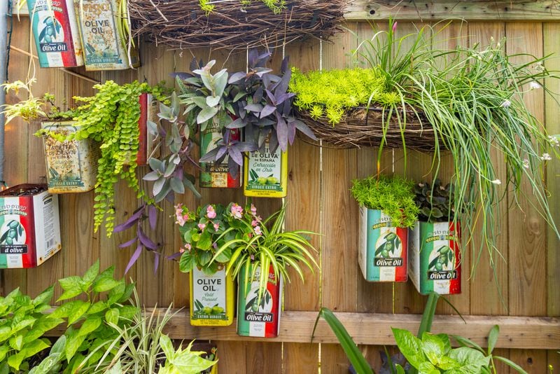 Olive oil tins provide attractive (and upcycled) containers for a variety of plants on this fence in New Orleans, a witty way of adding color and a unique design element to this garden.
(Courtesy of Derek Trimble)