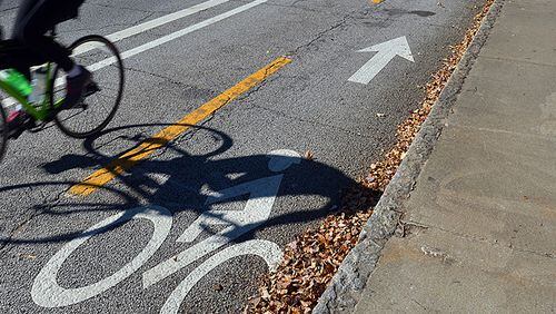 Beginning Oct. 19, the city will install a temporary one-way bike lane westbound on 10th Street from Myrtle Street to Juniper Street in Midtown, the city announced. The two ends will connect to existing bike lanes on either end. The installation will end on Oct. 26. (AJC file photo)