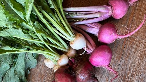 Root vegetables are a staple of winter cooking. Pictured are (clockwise from top) hakurei turnips, Tsugaru Scarlet pink turnips and beets.
(C.W. Cameron for The Atlanta Journal-Constitution)