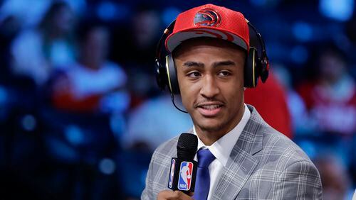 Atlanta Hawks 19th pick overall John Collins answers questions during an interview during the NBA draft, Thursday, June 22, 2017, in New York.