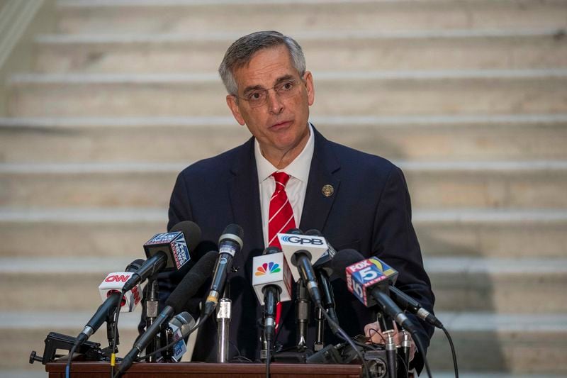 Georgia Secretary of State Brad Raffensperger makes remarks during a news conference at the Georgia State Capitol building in Atlanta on December 2, 2020.  (Alyssa Pointer / AJC file photo / TNS) 
