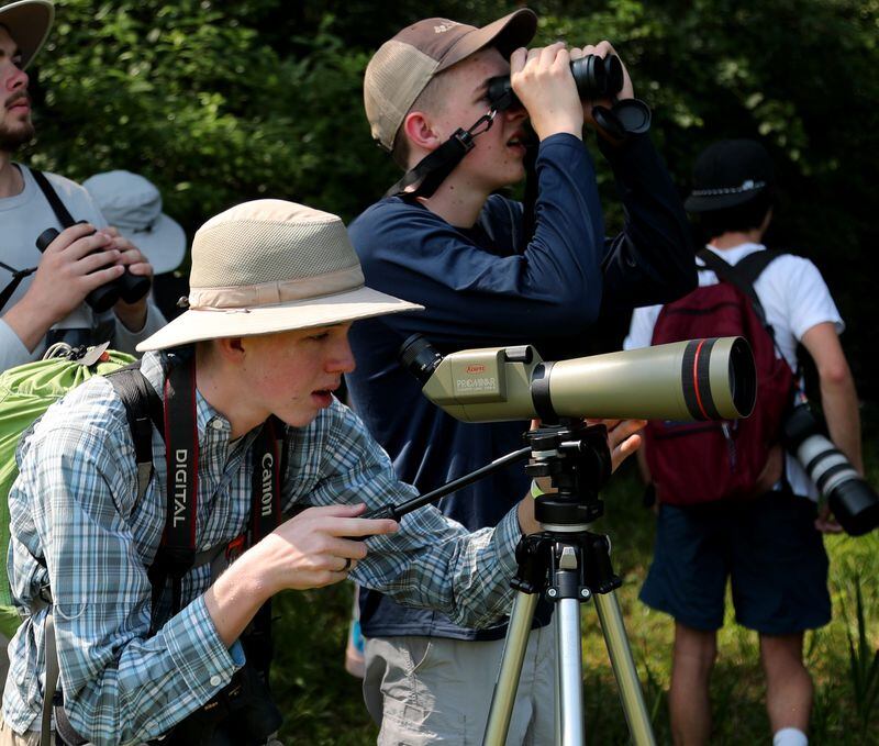 Henry Halgrem uses a scope, while his brother Ellis uses binoculars to get a better look at nesting birds while visiting Harris Neck National Wildlife Refuge with Camp TALON on Tuesday, June 6, 2023.