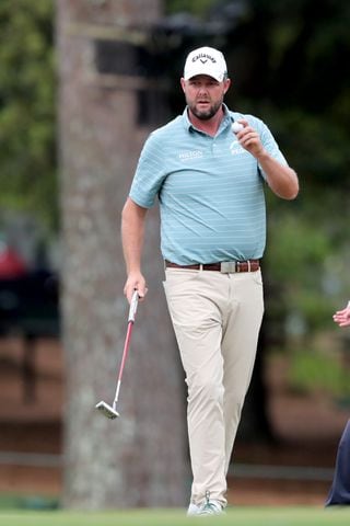 April 9, 2021, Augusta: Marc Leishman reacts to his birdie on the fifteenth hole during the second round of the Masters at Augusta National Golf Club on Friday, April 9, 2021, in Augusta. Curtis Compton/ccompton@ajc.com