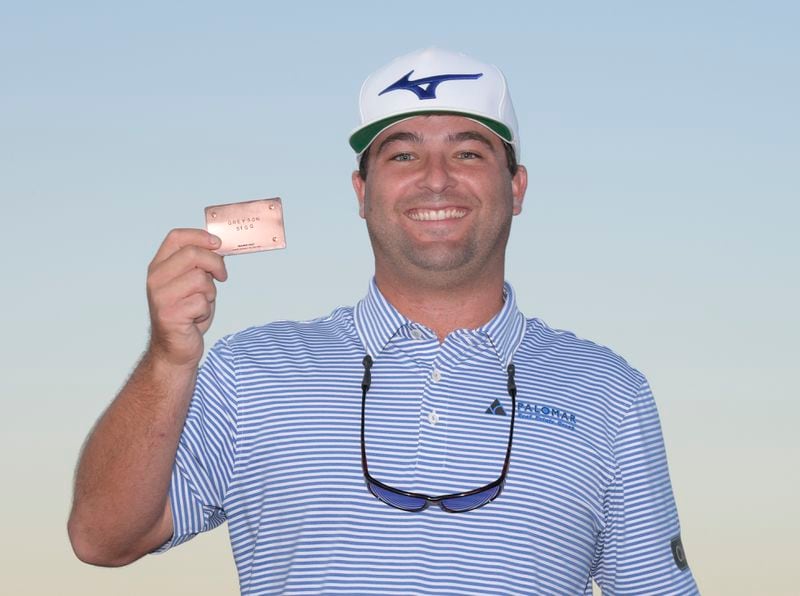 Greyson Sigg holds his PGA Tour card after the final round of the Korn Ferry Tour's Pinnacle Bank Championship presented by Aetna at The Club at Indian Creek on August 15, 2021 in Omaha, Nebraska.  (Photo by Stan Badz/PGA TOUR)