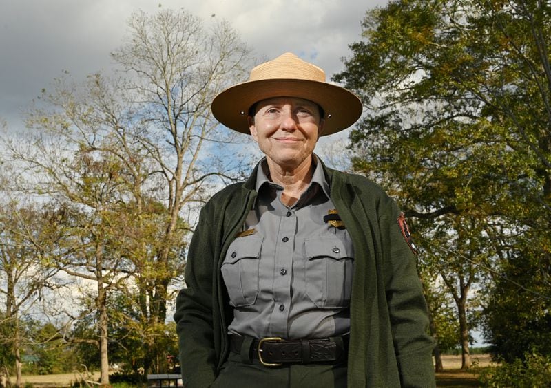 Portrait of Jill Stuckey, Superintendent of National Park Service in former first lady Rosalynn Carter's childhood garden, Monday, November 20, 2023, in Plains.  (Hyosub Shin / Hyosub.Shin@ajc.com)