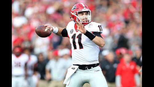 <p>Jake Fromm #11 of the Georgia Bulldogs throws a pass in the 2018 College Football Playoff Semifinal at the Rose Bowl Game presented by Northwestern Mutual at the Rose Bowl on January 1, 2018 in Pasadena, California.</p>  <p>Nick Chubb #27 of the Georgia Bulldogs runs the ball during the second quarter against the Alabama Crimson Tide in the CFP National Championship presented by AT&amp;T at Mercedes-Benz Stadium on January 8, 2018 in Atlanta, Georgia.</p> <p>DeVonta Smith #6 of the Alabama Crimson Tide celebrates catching a 41 yard touchdown pass to beat the Georgia Bulldogs in the CFP National Championship&nbsp;in overtime at Mercedes-Benz Stadium. (Photo by Kevin C. Cox/Getty Images)</p> <p>Jake Fromm&nbsp;is sacked by Raekwon Davis during the second half in the CFP National Championship presented by AT&amp;T at Mercedes-Benz Stadium on January 8, 2018 in Atlanta, Georgia. (Photo by Kevin C. Cox/Getty Images)</p>  <p>Head coach Kirby Smart of the Georgia Bulldogs reacts to a play during the second quarter against the Alabama Crimson Tide in the CFP National Championship game.&nbsp;</p>