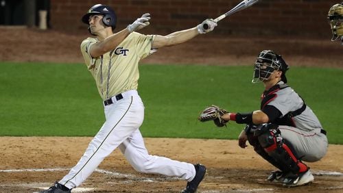 April 25, 2017, Atlanta: Georgia Tech outfielder Ryan Peurifoy hits a solo homer to cut the lead to 6-3 during the 7th inning against Georgia in a NCAA college baseball game on Tuesday, April 25, 2017, at Russ Chandler Stadium in Atlanta. Curtis Compton/ccompton@ajc.com