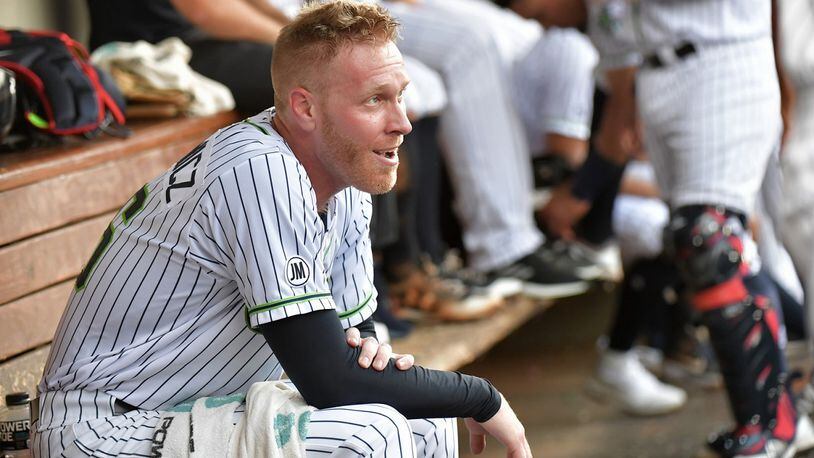 Gwinnett Stripers pitcher Mike Foltynewicz smiles in the dugout in the third inning against the Indianapolis Indians at Coolray Field on Saturday, June 29, 2019. (Hyosub Shin / Hyosub.Shin@ajc.com)