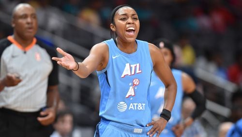 Atlanta Dream guard Renee Montgomery (21) reacts during the first half June 19, 2019, against the Indiana Fever at State Farm Arena in Atlanta. (Hyosub Shin/AJC)