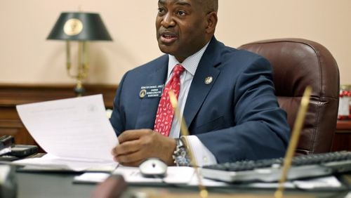 November 7, 2012 - Atlanta, Ga: Sen. Emanuel Jones, D-Decatur, holds an email that he says shows Georgia Legislators knew the ballot language was misleading on the state charter school amendment that passed Tuesday but chose to do nothing about it shown in his office at the State Capitol Wednesday afternoon in Atlanta, Ga., November 7, 2012. Jones has filed requests with the Georgia attorney general and the U.S. attorney general to open investigations of voter fraud in connection with the amendment. He has also filed a lawsuit. JASON GETZ / JGETZ@AJC.COM