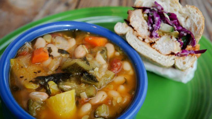 BBQ grilled chicken sandwich with Tuscan white bean soup at Souper Jenny . BECKY STEIN / SPECIAL