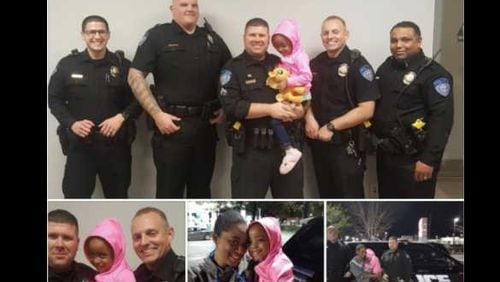 Officers with the Alpharetta Department of Public Safety took photos with the child after she was found safe. On Friday, two officers drove the child to meet her mother.