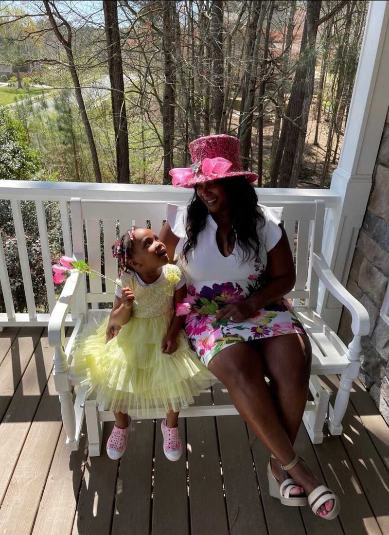 Tia Smith and her 3-year-old daughter, Breanna, on Easter. Smith, the chapter president of Atlanta Mocha Moms, a support group for mothers of color, says that the group will continue to gather virtually this year for safety reasons. (Courtesy of Tia Smith)
