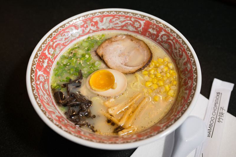 Among the succulents in the Hakata Tonkotsu Classic at Ton Ton are wood-ear mushrooms, scallions, butter garlic corn and, of course, ramen noodles. PHOTO CREDIT: Mia Yakel